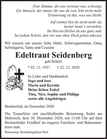 Traueranzeige von Edeltraut Seidenberg (geb.Schulz)  von Magdeburger Volksstimme