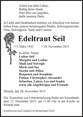 Traueranzeige von Edeltraut Seil  von Magdeburger Volksstimme