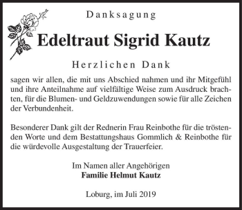 Traueranzeige von Edeltraut Sigrid Kautz  von Magdeburger Volksstimme