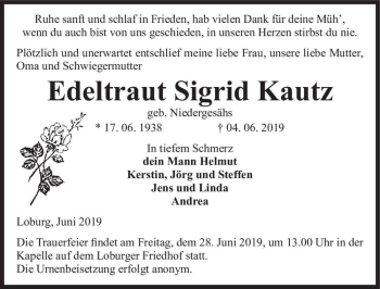 Traueranzeige von Edeltraut Sigrid Kautz (geb. Niedergesähs)  von Magdeburger Volksstimme
