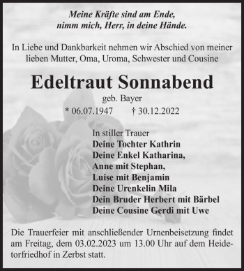 Traueranzeige von Edeltraut Sonnabend (geb. Bayer)  von Magdeburger Volksstimme
