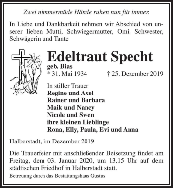 Traueranzeige von Edeltraut Specht (geb. Bias)  von Magdeburger Volksstimme