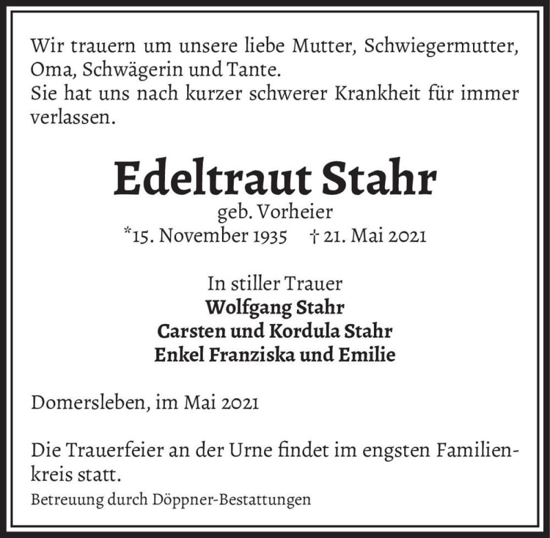  Traueranzeige für Edeltraut Stahr (geb. Vorheier)  vom 29.05.2021 aus Magdeburger Volksstimme
