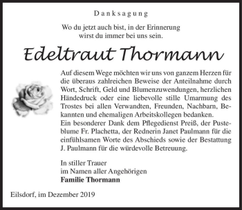 Traueranzeige von Edeltraut Thormann  von Magdeburger Volksstimme