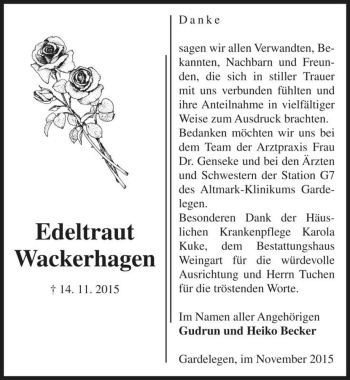 Traueranzeige von Edeltraut Wackerhagen  von Magdeburger Volksstimme