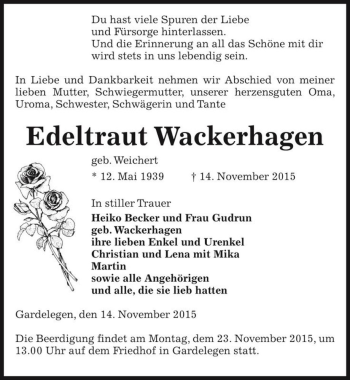 Traueranzeige von Edeltraut Wackerhagen (geb. Weichert)  von Magdeburger Volksstimme