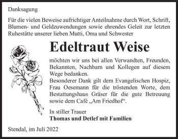 Traueranzeige von Edeltraut Weise  von Magdeburger Volksstimme