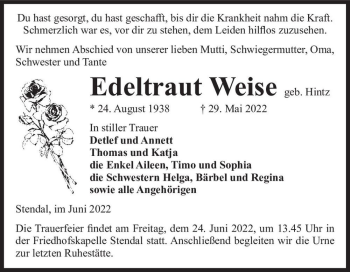 Traueranzeige von Edeltraut Weise (geb. Hintz)  von Magdeburger Volksstimme