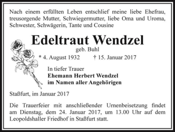 Traueranzeige von Edeltraut Wendzel (geb. Buhl)  von Magdeburger Volksstimme
