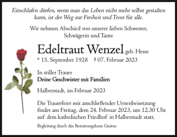 Traueranzeige von Edeltraut Wenzel (geb. Hesse)  von Magdeburger Volksstimme