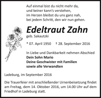 Traueranzeige von Edeltraut Zahn (geb. Sakautzki)  von Magdeburger Volksstimme