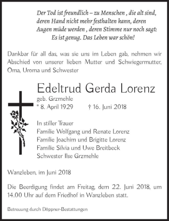 Traueranzeige von Edeltrud Gerda Lorenz (geb. Grzmehle)  von Magdeburger Volksstimme