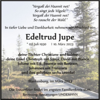 Traueranzeige von Edeltrud Jupe  von Magdeburger Volksstimme