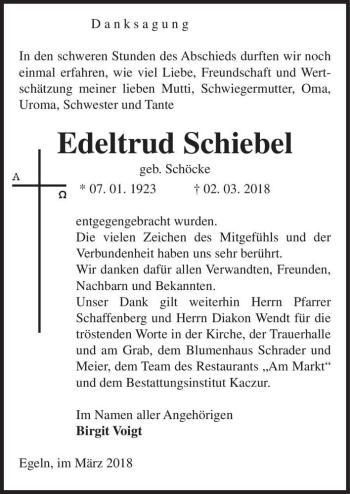 Traueranzeige von Edeltrud Schiebel (geb. Schöcke)  von Magdeburger Volksstimme