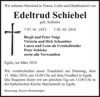 Traueranzeige von Edeltrud Schiebel (geb. Schöcke)  von Magdeburger Volksstimme