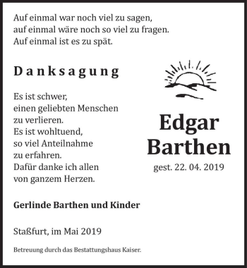 Traueranzeige von Edgar Barthen  von Magdeburger Volksstimme
