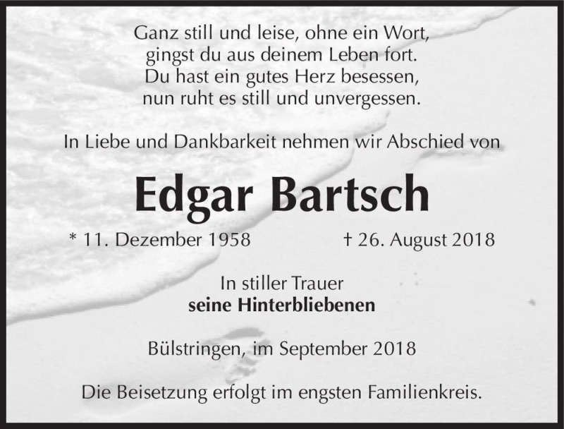  Traueranzeige für Edgar Bartsch  vom 05.09.2018 aus Magdeburger Volksstimme