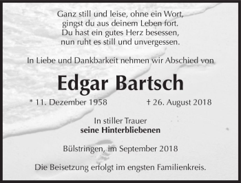 Traueranzeige von Edgar Bartsch  von Magdeburger Volksstimme