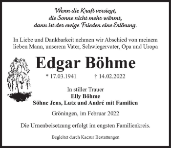 Traueranzeige von Edgar Böhme  von Magdeburger Volksstimme