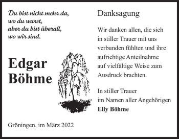 Traueranzeige von Edgar Böhme  von Magdeburger Volksstimme