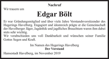 Traueranzeige von Edgar Bölt  von Magdeburger Volksstimme