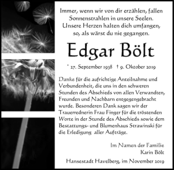 Traueranzeige von Edgar Böt  von Magdeburger Volksstimme