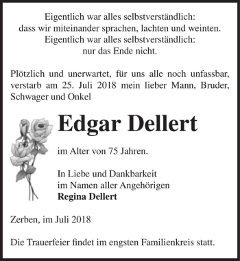 Traueranzeige von Edgar Dellert  von Magdeburger Volksstimme