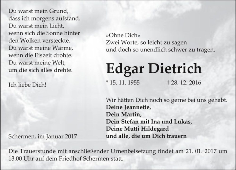  Traueranzeige für Edgar Dietrich  vom 07.01.2017 aus Magdeburger Volksstimme