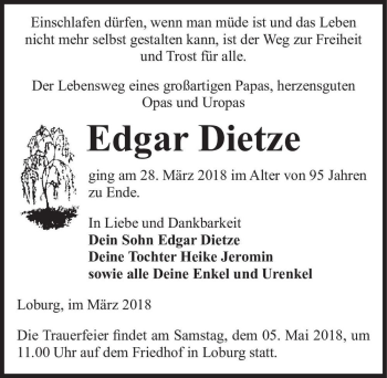 Traueranzeige von Edgar Dietze  von Magdeburger Volksstimme