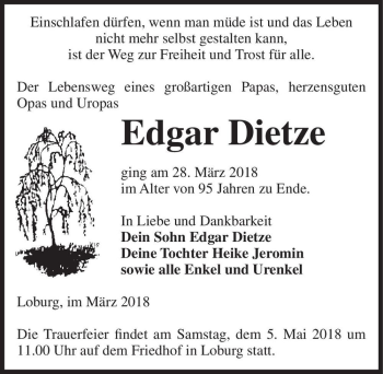 Traueranzeige von Edgar Dietze  von Magdeburger Volksstimme