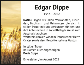 Traueranzeige von Edgar Dippe  von Magdeburger Volksstimme