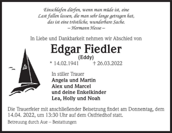 Traueranzeige von Edgar Fiedler (Eddy)  von Magdeburger Volksstimme