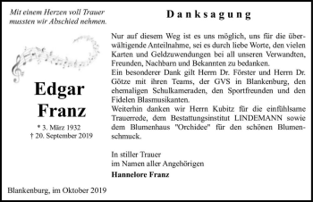 Traueranzeige von Edgar Franz  von Magdeburger Volksstimme