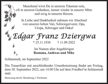 Traueranzeige von Edgar Franz Dziergwa  von Magdeburger Volksstimme