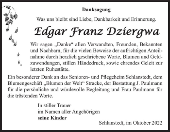 Traueranzeige von Edgar Franz Dziergwa  von Magdeburger Volksstimme