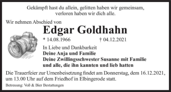Traueranzeige von Edgar Goldhahn  von Magdeburger Volksstimme
