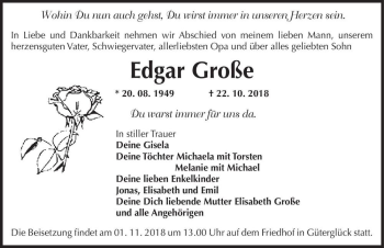 Traueranzeige von Edgar Große  von Magdeburger Volksstimme