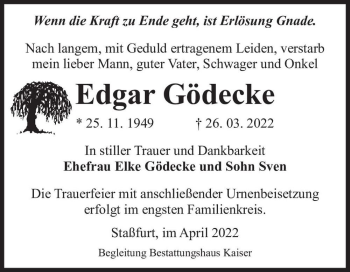 Traueranzeige von Edgar Gödecke  von Magdeburger Volksstimme