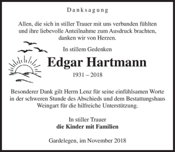 Traueranzeige von Edgar Hartmann  von Magdeburger Volksstimme