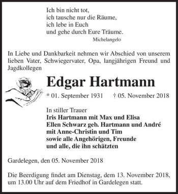 Traueranzeige von Edgar Hartmann  von Magdeburger Volksstimme