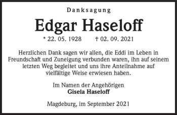 Traueranzeige von Edgar Haseloff  von Magdeburger Volksstimme