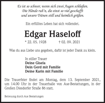 Traueranzeige von Edgar Haseloff  von Magdeburger Volksstimme