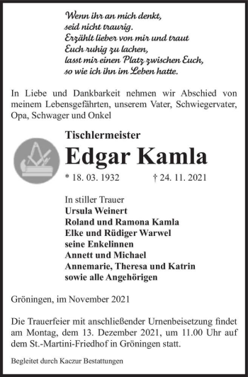 Traueranzeige von Edgar Kamla  von Magdeburger Volksstimme