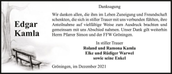 Traueranzeige von Edgar Kamla  von Magdeburger Volksstimme