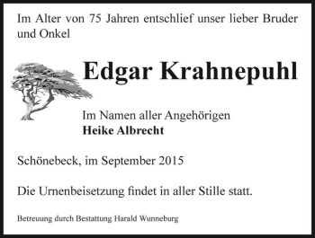 Traueranzeige von Edgar Krahnepuhl  von Magdeburger Volksstimme