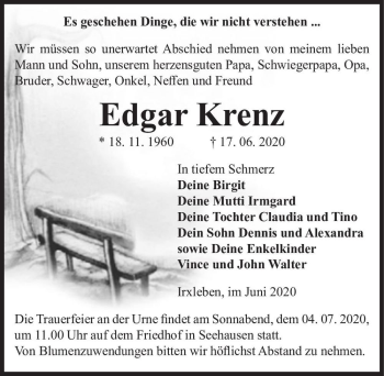Traueranzeige von Edgar Krenz  von Magdeburger Volksstimme