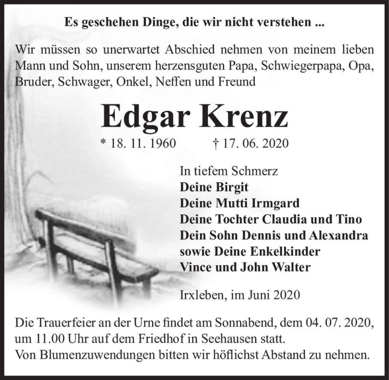  Traueranzeige für Edgar Krenz  vom 27.06.2020 aus Magdeburger Volksstimme
