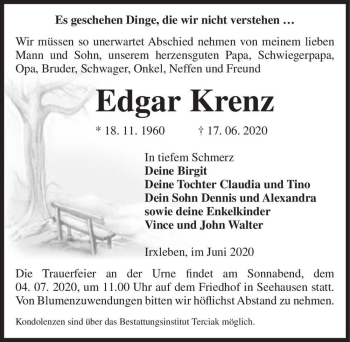 Traueranzeige von Edgar Krenz  von Magdeburger Volksstimme