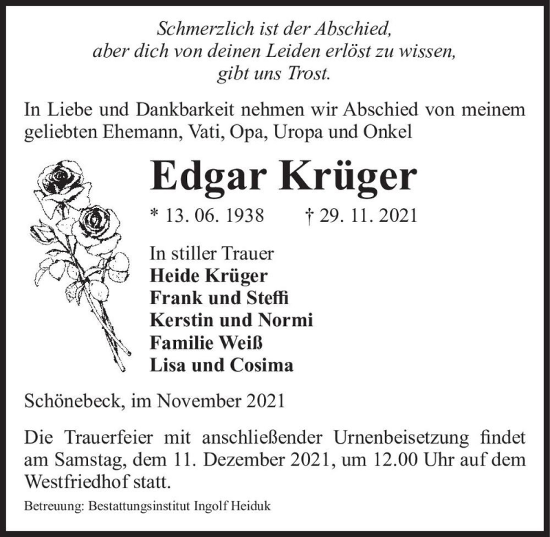  Traueranzeige für Edgar Krüger  vom 04.12.2021 aus Magdeburger Volksstimme