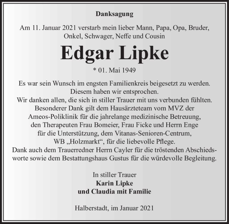  Traueranzeige für Edgar Lipke  vom 06.02.2021 aus Magdeburger Volksstimme